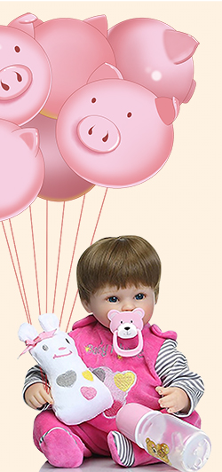 A baby doll with a pacifier and a stuffed toy sits with pig-shaped balloons in the background and a milk bottle beside it.