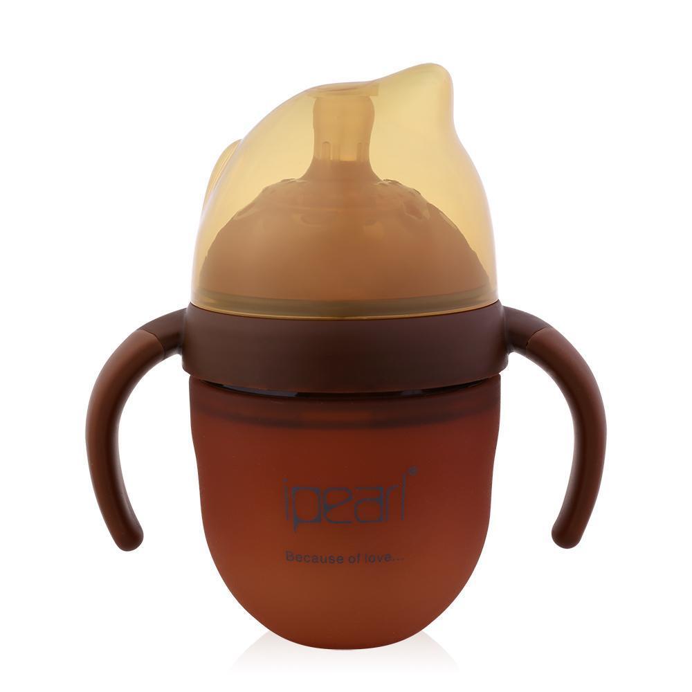 A brown baby sippy cup with handles and a yellow, translucent silicone spout, perfect for any reborn baby girl or boy.