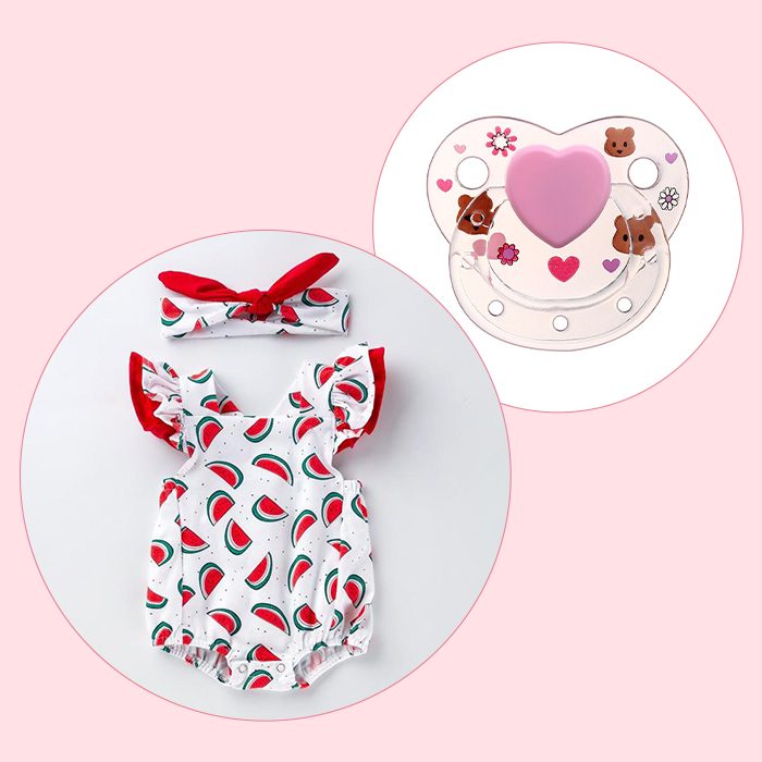 Baby outfit with watermelon print and matching headband, perfect for a reborn baby girl. Includes a baby pacifier with an adorable heart and animal design.